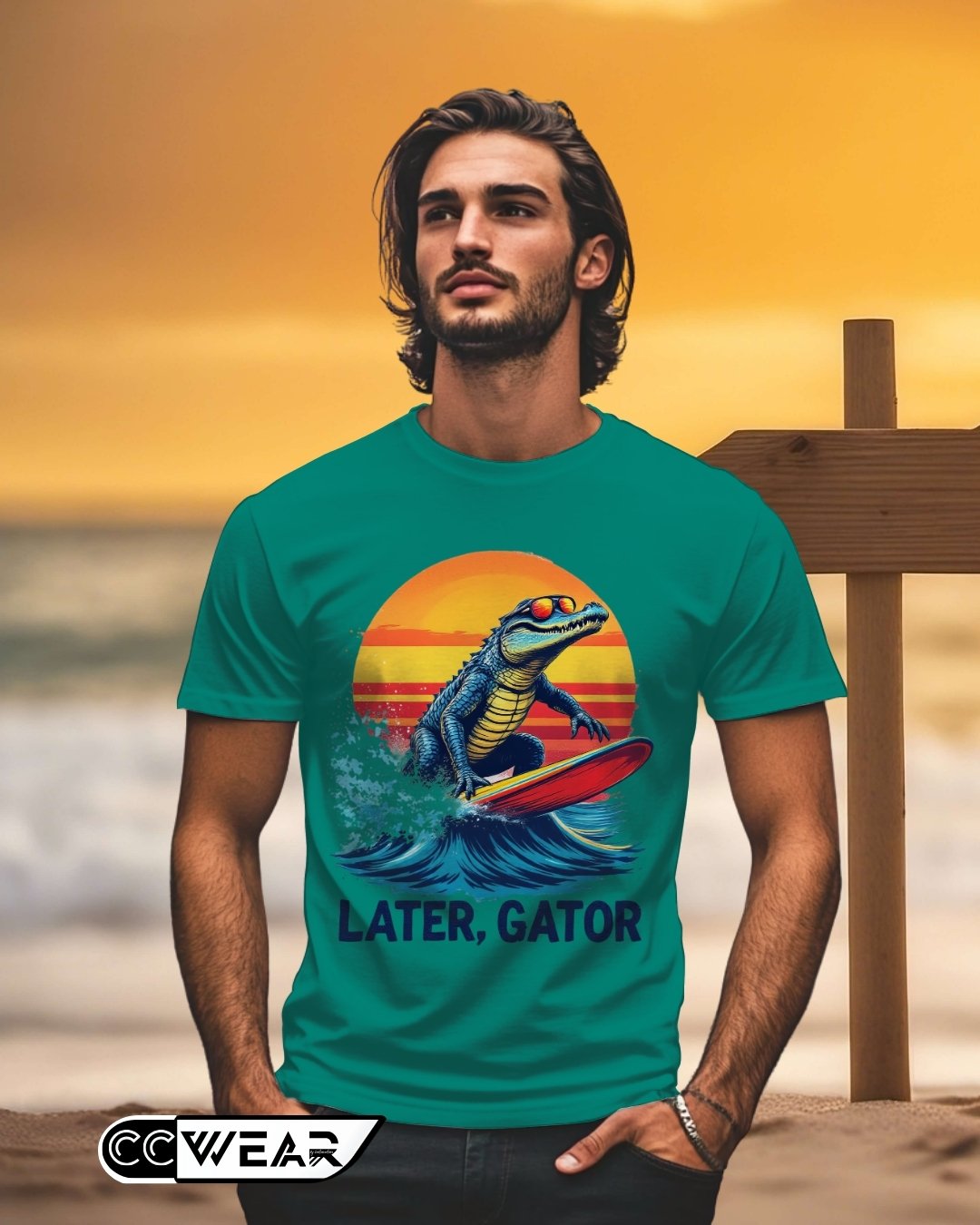Esta camiseta es pura actitud veraniega. 🏄‍♂️☀️ Con un diseño vibrante de un cocodrilo surfeando al atardecer, esta prenda es perfecta para quienes llevan el espíritu playero a todas partes. 🌊 "LATER, GATOR" en letras azules, porque el estilo también sabe despedirse con onda. Consigue la tuya ahora!
