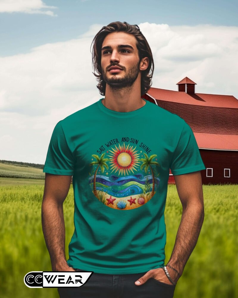 Camiseta "Salt Water and Sun Shine" Lleva la esencia del verano contigo. 🌞🌊 Con un estampado tropical de palmeras, olas y conchas marinas, esta camiseta de color verde vibrante es perfecta para los amantes del mar y la brisa cálida. Su diseño relajado y tela ligera la hacen ideal para cualquier ocasión bajo el sol.