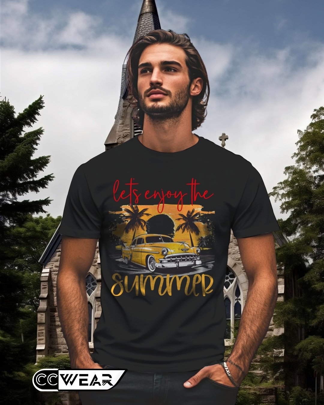 Camiseta "Let's Enjoy the Summer" Disfruta del verano con esta camiseta de diseño retro. Con un coche amarillo frente a un atardecer tropical, esta prenda es perfecta para quienes aman el sol, la playa y los días de relax. Fabricada con materiales cómodos y frescos, ideal para tu look veraniego.