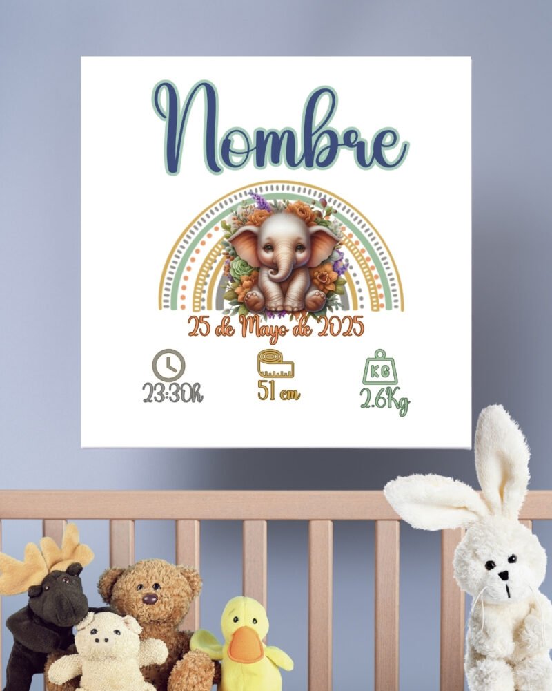 Cuadro natalicio personalizado en lienzo 20x20 con nombre y datos del bebé, diseño exclusivo con ilustraciones de animales