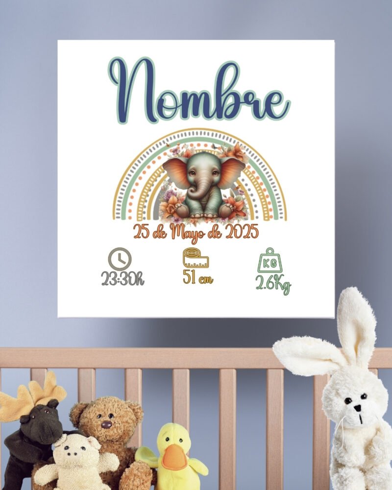 Cuadro natalicio personalizado en lienzo 20x20 con nombre y datos del bebé, diseño exclusivo con ilustraciones de animales