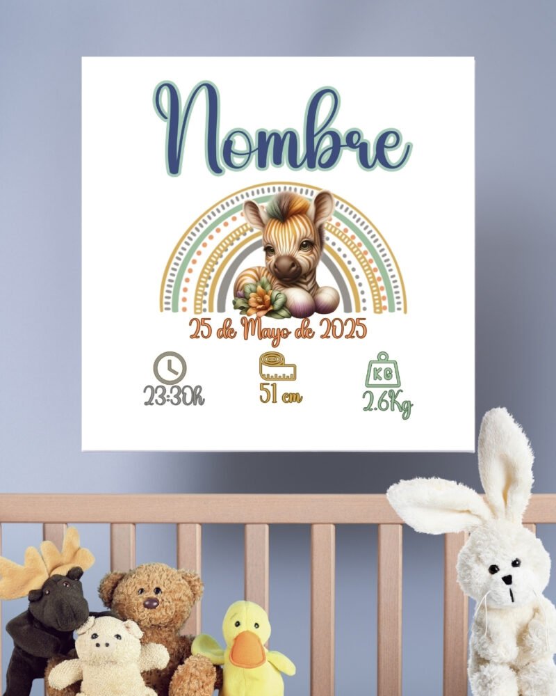 Cuadro natalicio personalizado en lienzo 20x20 con nombre y datos del bebé, diseño exclusivo con ilustraciones de animales