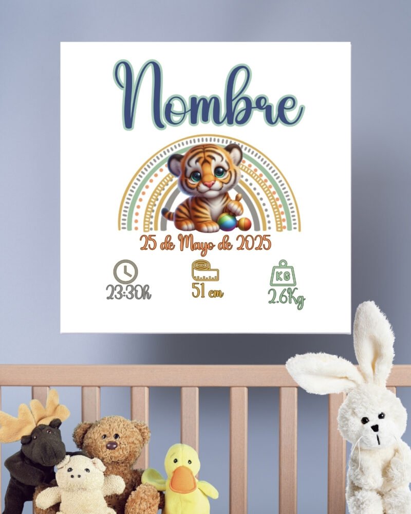 Cuadro natalicio personalizado en lienzo 20x20 con nombre y datos del bebé, diseño exclusivo con ilustraciones de animales