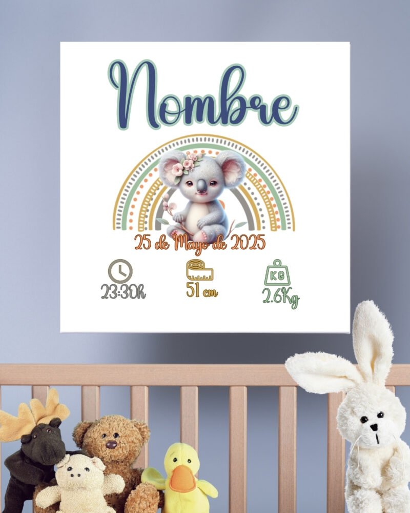 Cuadro natalicio personalizado en lienzo 20x20 con nombre y datos del bebé, diseño exclusivo con ilustraciones de animales