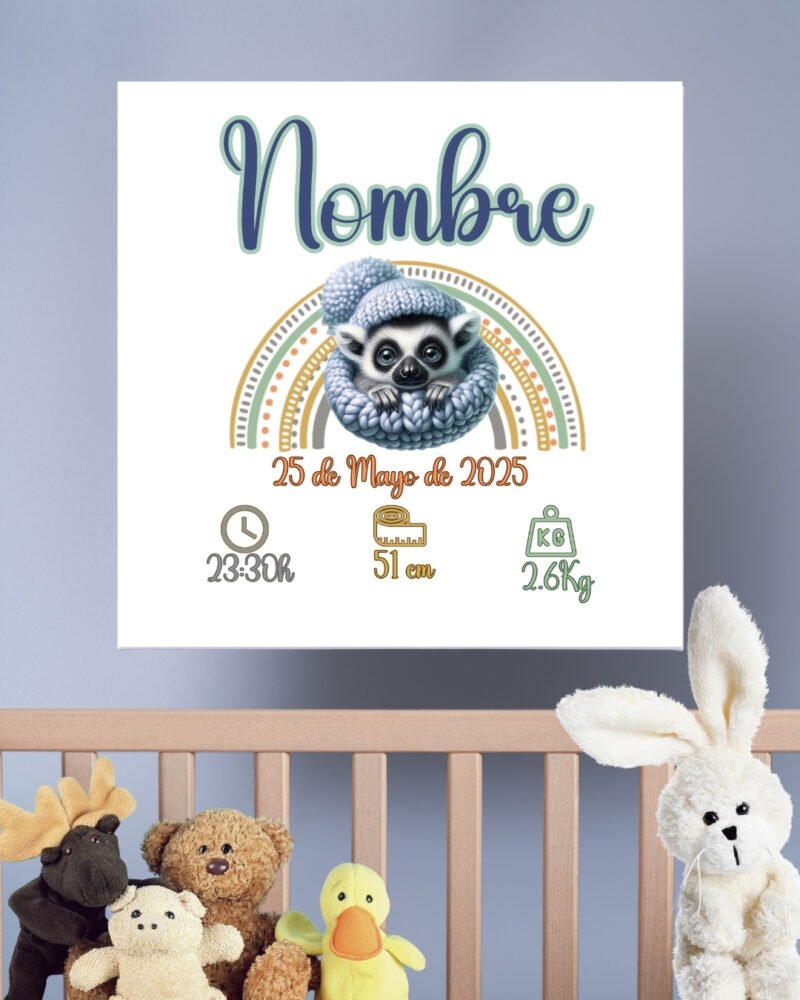 Cuadro natalicio personalizado en lienzo 20x20 con nombre y datos del bebé, diseño exclusivo con ilustraciones de animales