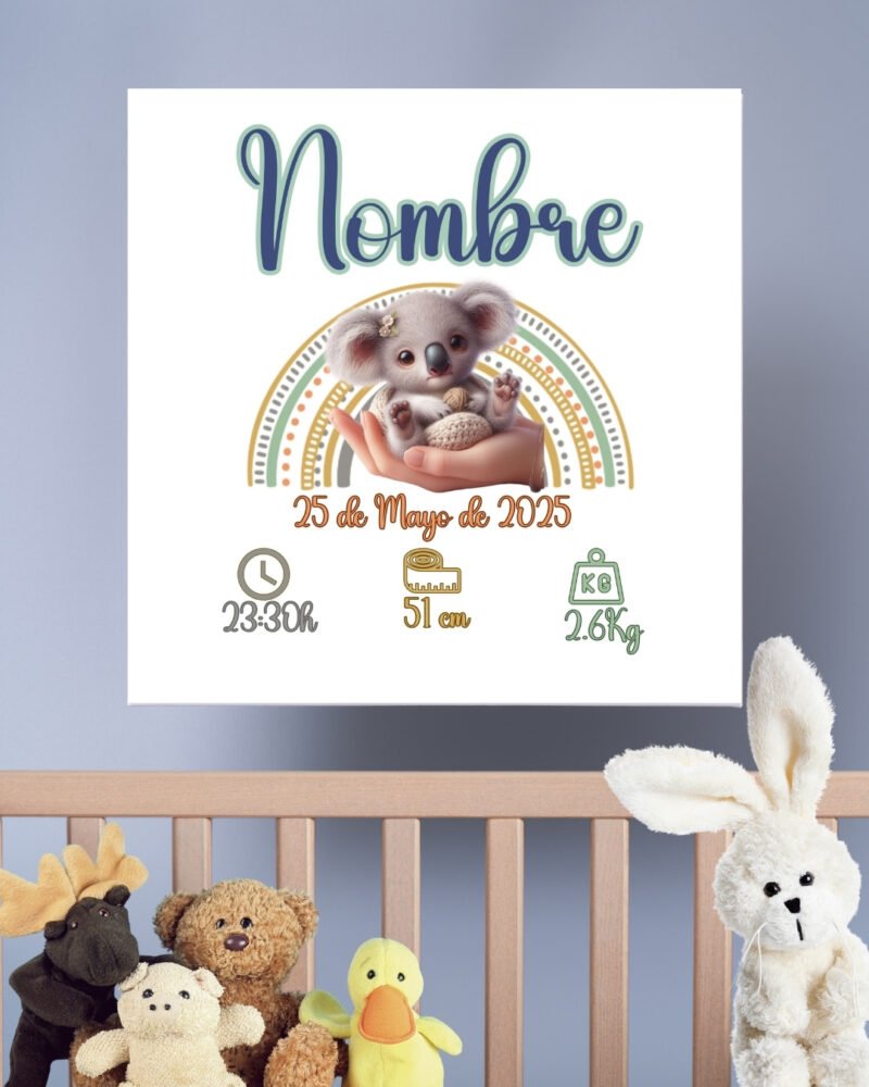 Cuadro natalicio personalizado en lienzo 20x20 con nombre y datos del bebé, diseño exclusivo con ilustraciones de animales