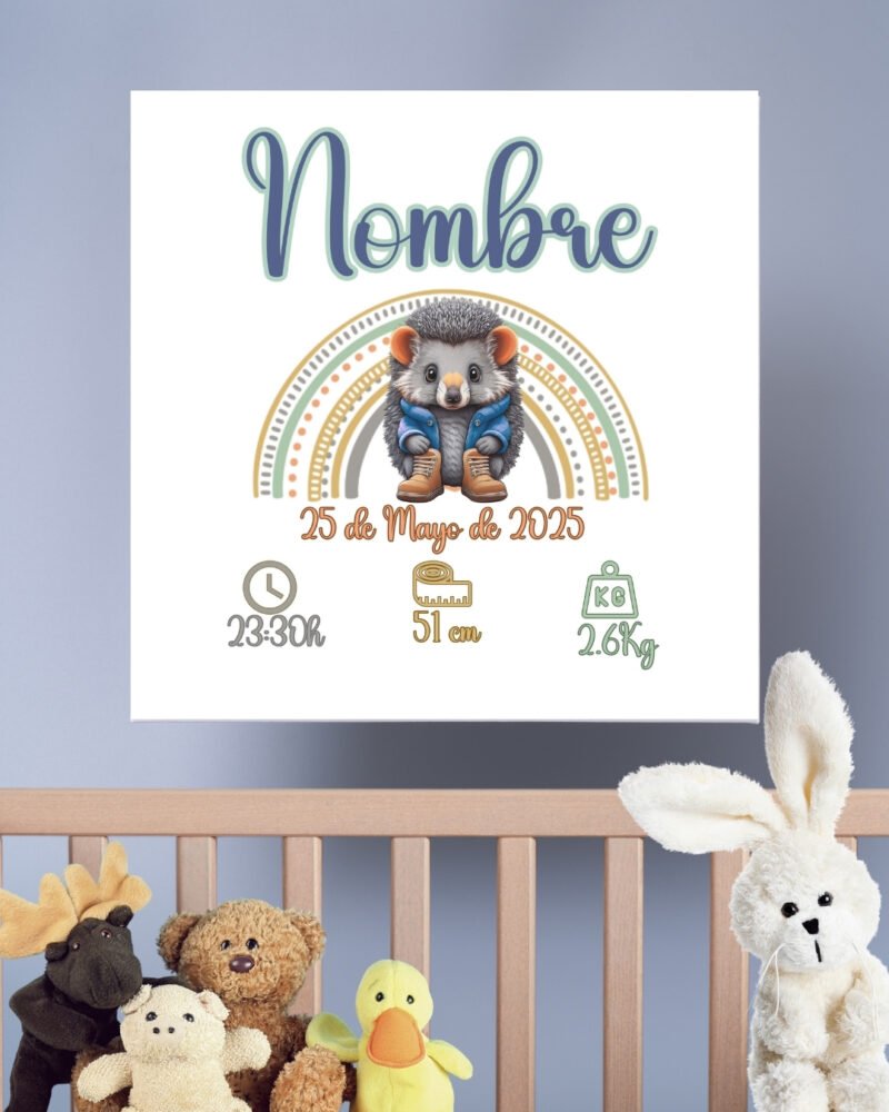 Cuadro natalicio personalizado en lienzo 20x20 con nombre y datos del bebé, diseño exclusivo con ilustraciones de animales