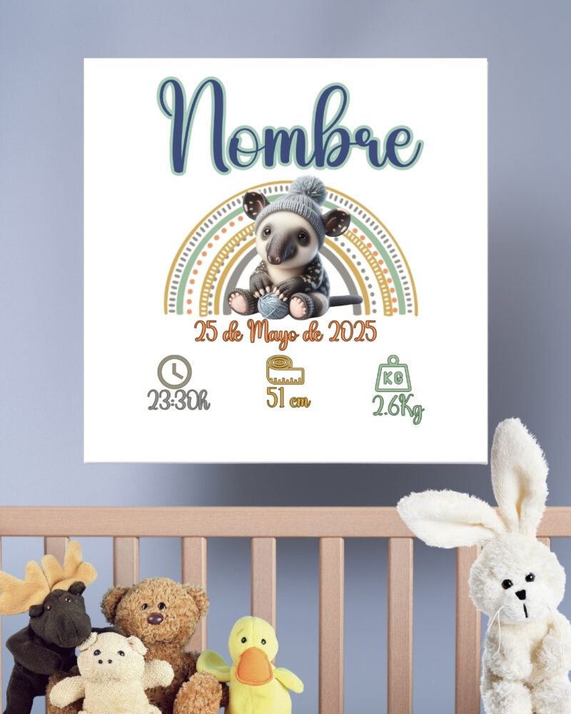 Cuadro natalicio personalizado en lienzo 20x20 con nombre y datos del bebé, diseño exclusivo con ilustraciones de animales
