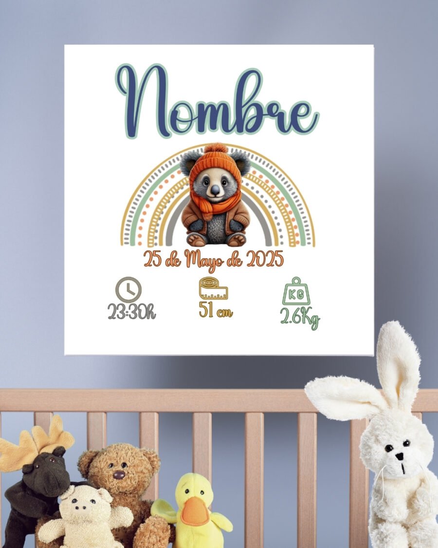 Cuadro natalicio personalizado en lienzo 20x20 con nombre y datos del bebé, diseño exclusivo con ilustraciones de animales