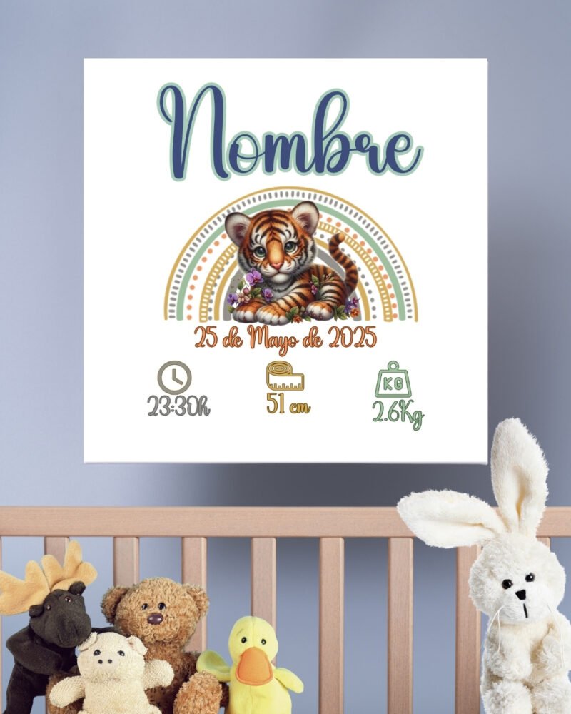 Cuadro natalicio personalizado en lienzo 20x20 con nombre y datos del bebé, diseño exclusivo con ilustraciones de animales