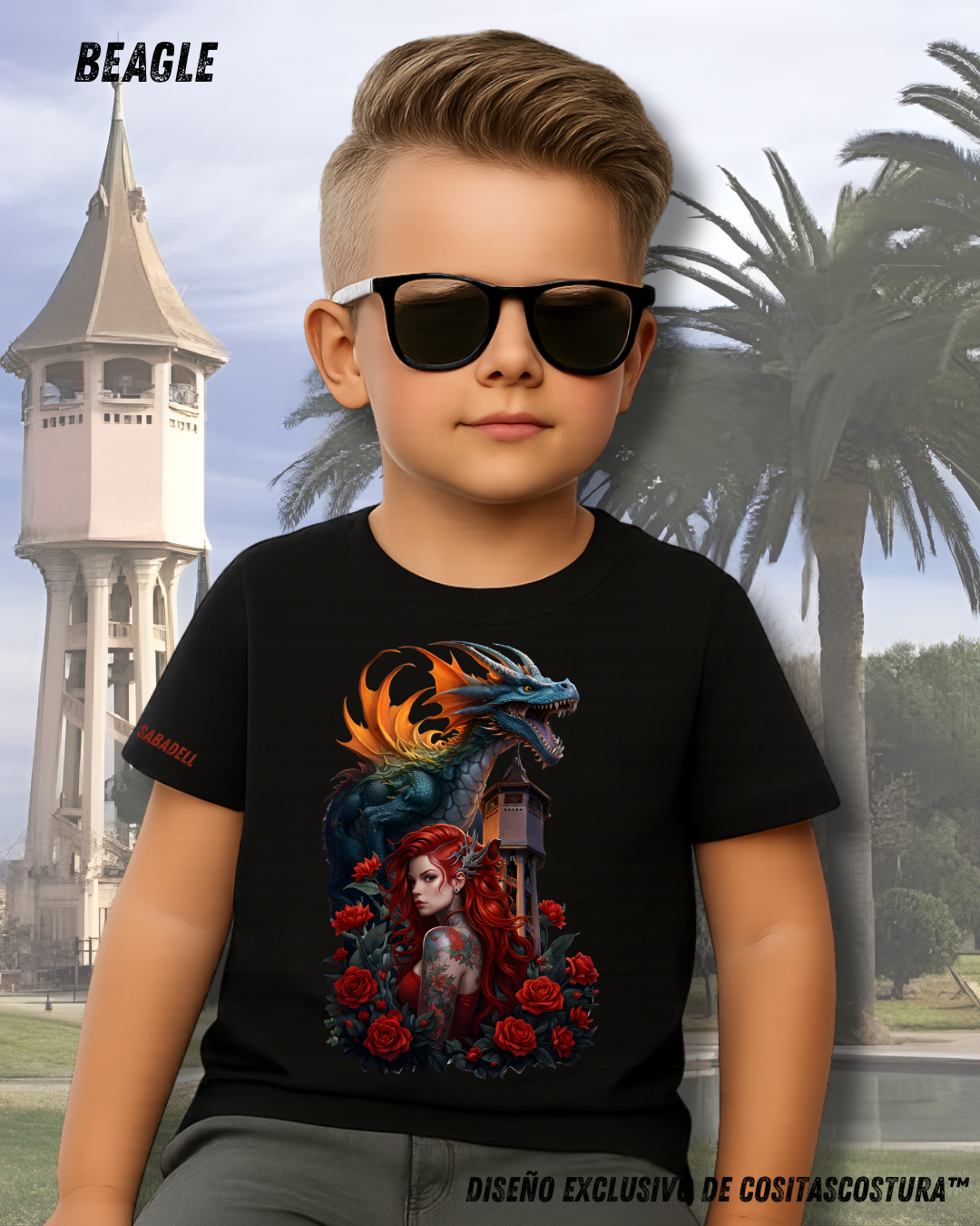 10 Camiseta algodon 100% negra con diseño exclusivo de cositascostura inspirado en la diada de sant jordi y la torre del aigua de Sabadell