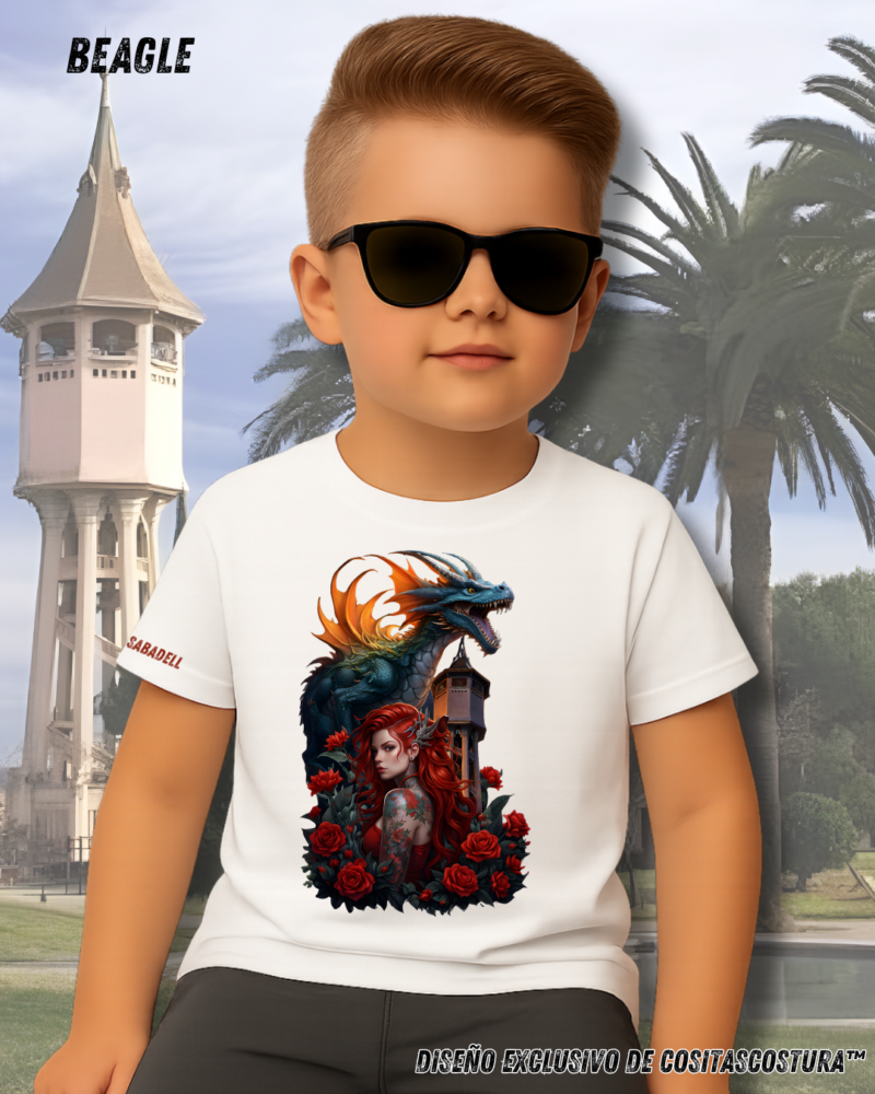 Camiseta algodon 100% blanca con diseño exclusivo de cositascostura inspirado en la diada de sant jordi y la torre del aigua de Sabadell