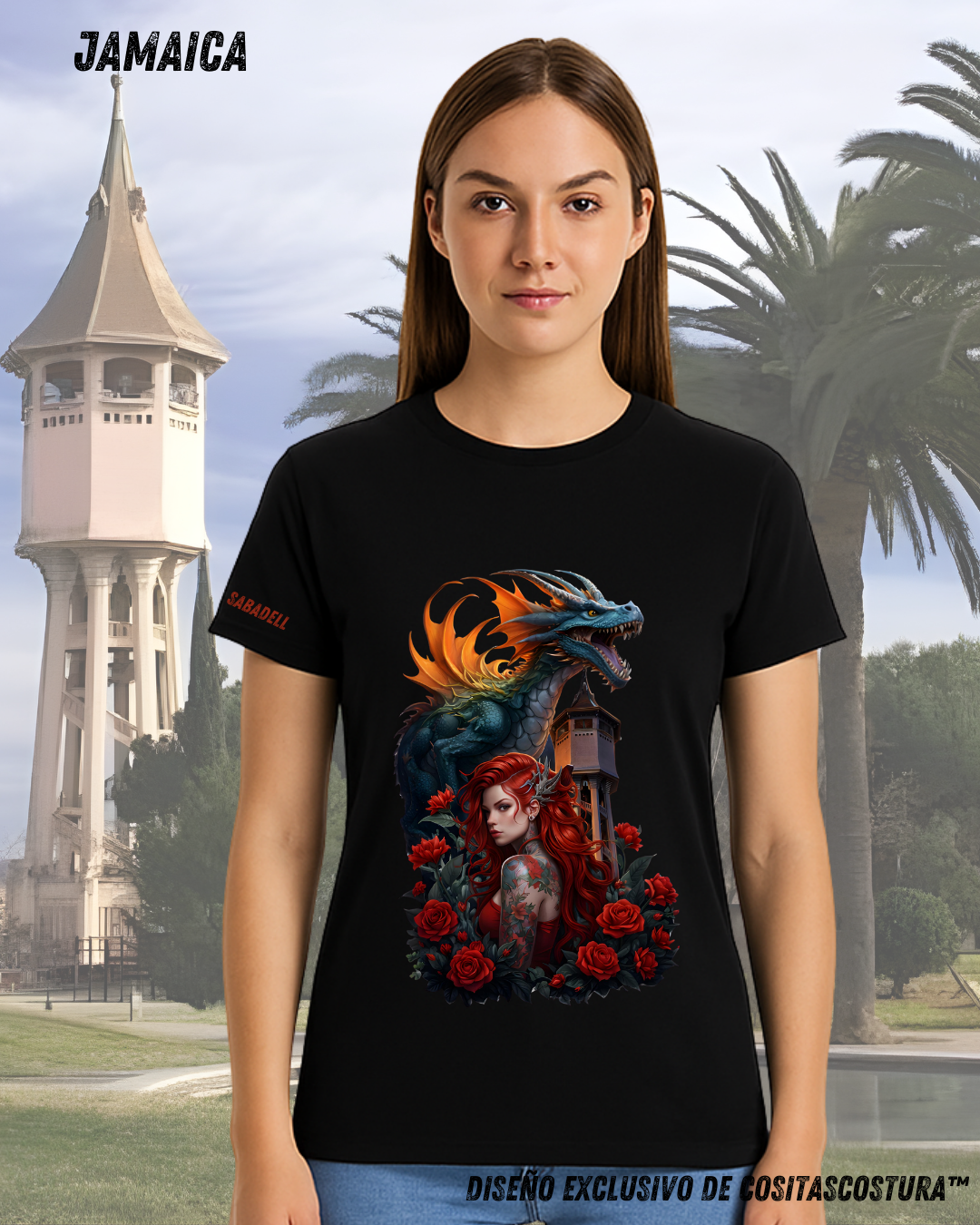 Camiseta algodon 100% negra con diseño exclusivo de cositascostura inspirado en la diada de sant jordi y la torre del aigua de Sabadell
