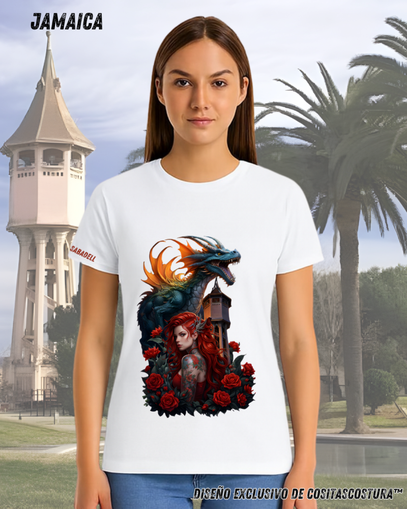 Camiseta algodon 100% blanca con diseño exclusivo de cositascostura inspirado en la diada de sant jordi y la torre del aigua de Sabadell