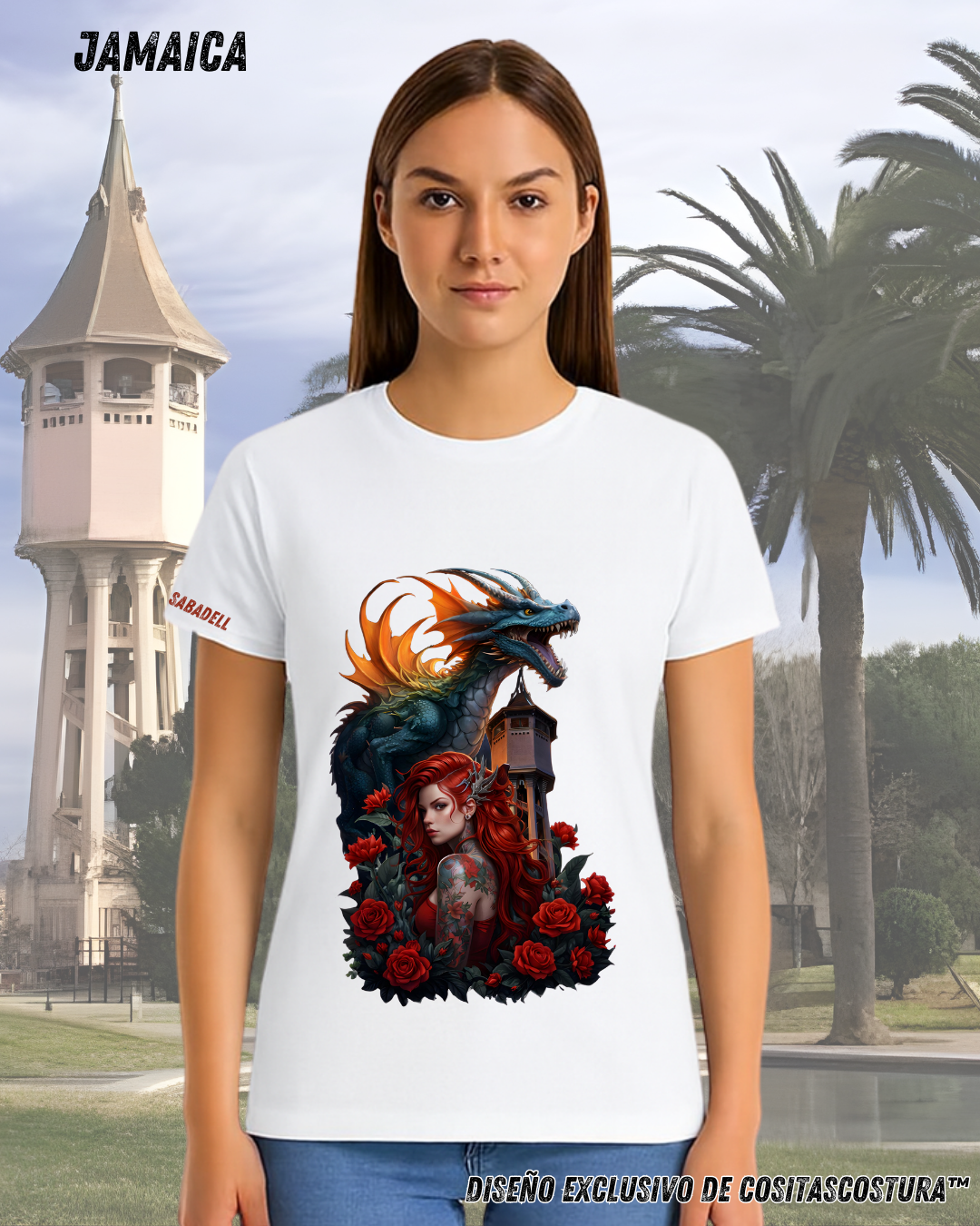 Camiseta algodon 100% blanca con diseño exclusivo de cositascostura inspirado en la diada de sant jordi y la torre del aigua de Sabadell