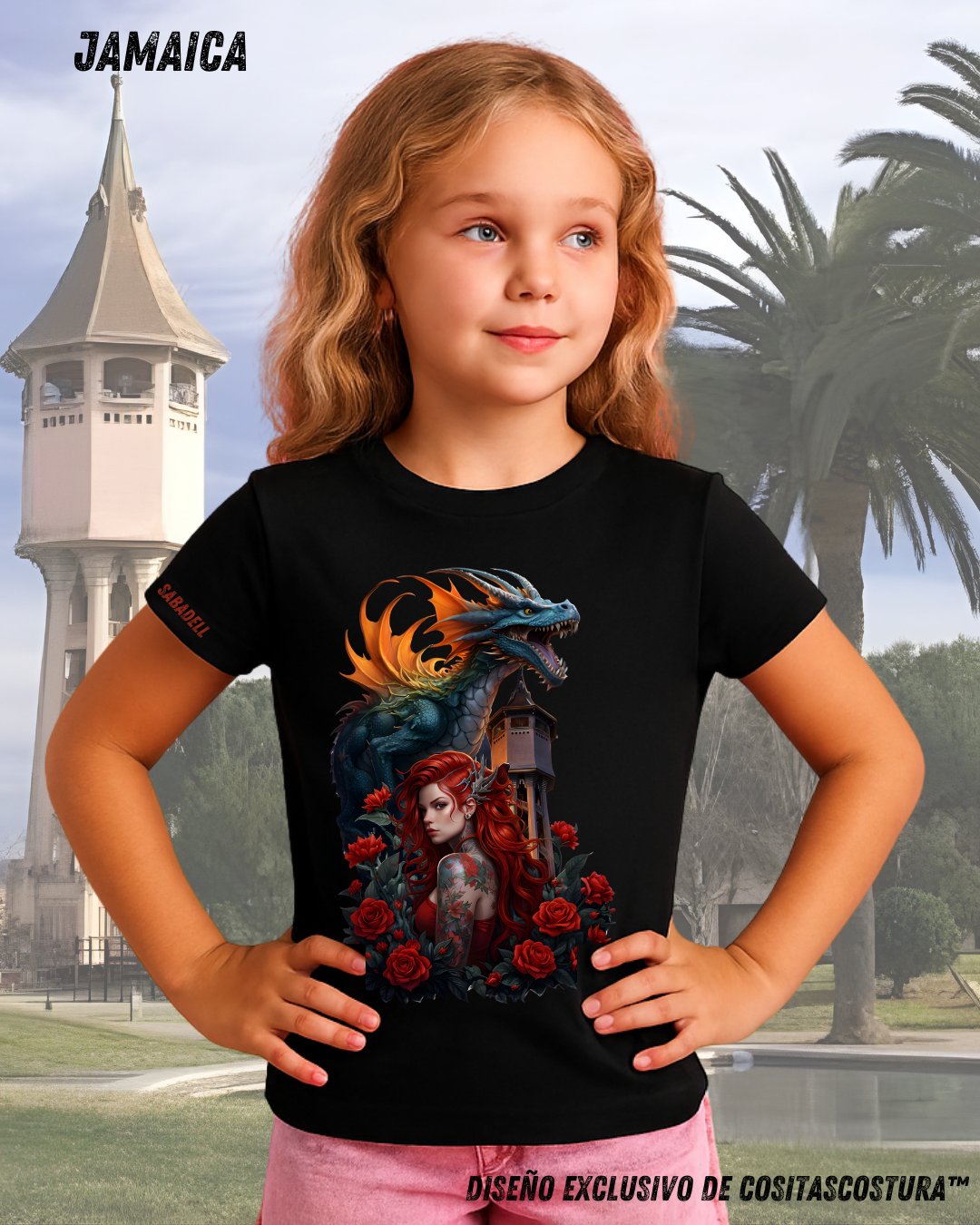 28 Camiseta algodon 100% negra con diseño exclusivo de cositascostura inspirado en la diada de sant jordi y la torre del aigua de Sabadell