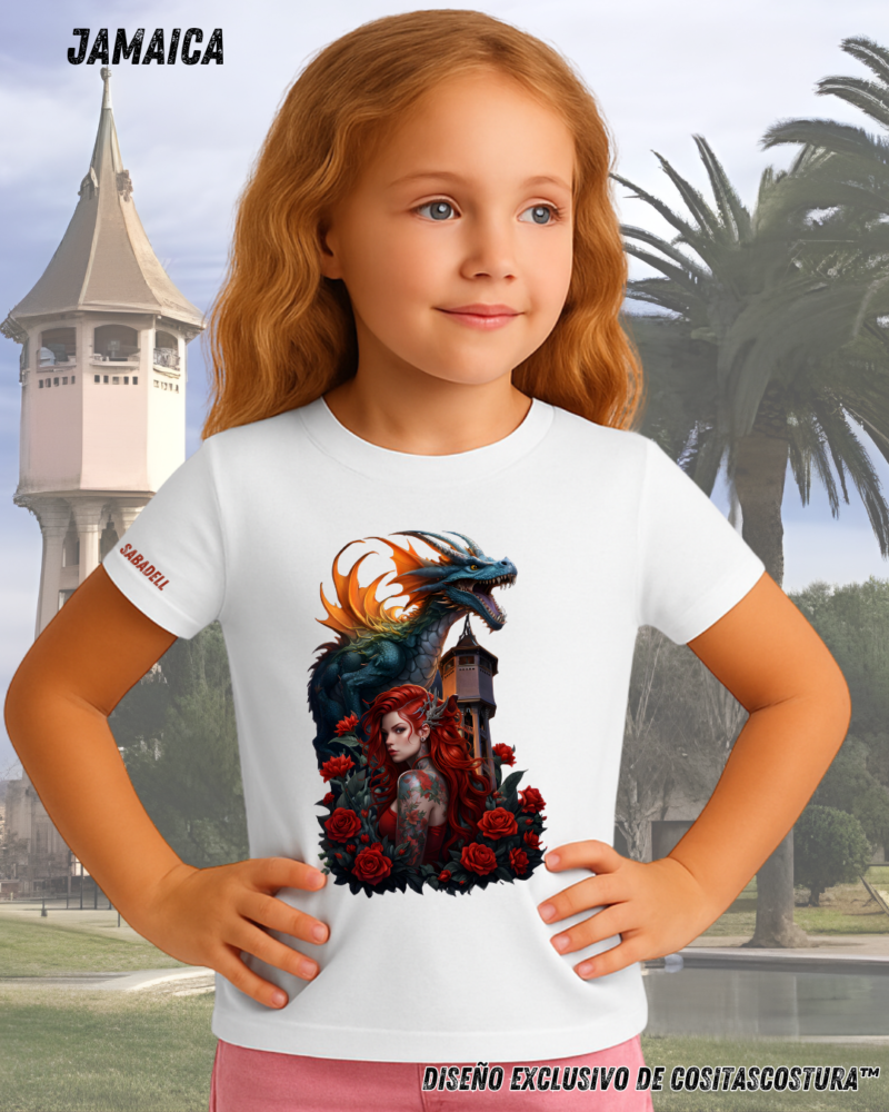 Camiseta algodon 100% blanca con diseño exclusivo de cositascostura inspirado en la diada de sant jordi y la torre del aigua de Sabadell