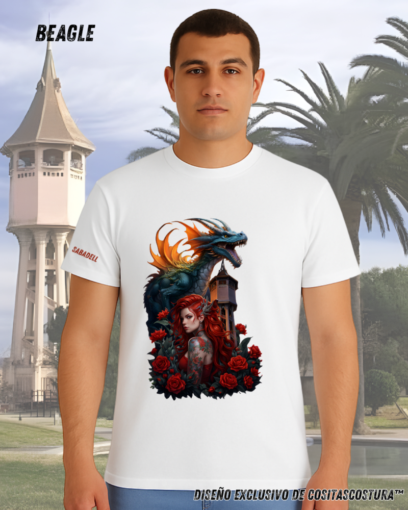 Camiseta algodon 100% blanca con diseño exclusivo de cositascostura inspirado en la diada de sant jordi y la torre del aigua de Sabadell